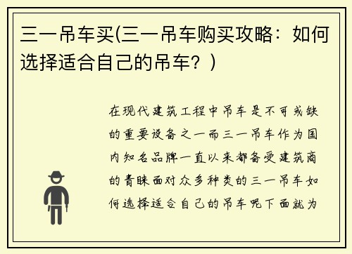 三一吊车买(三一吊车购买攻略：如何选择适合自己的吊车？)