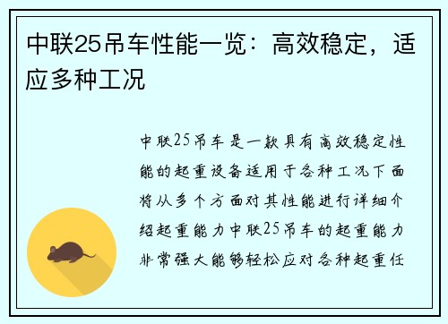 中联25吊车性能一览：高效稳定，适应多种工况