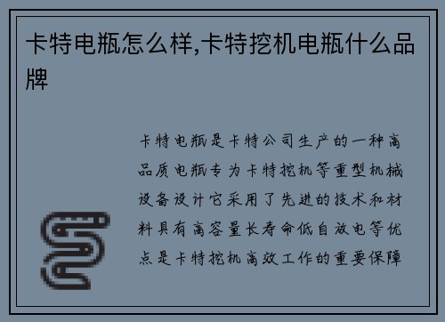 卡特电瓶怎么样,卡特挖机电瓶什么品牌